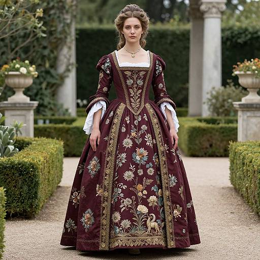 Photograph of a young woman in a Renaissance-style, dark maroon floral-embroidered gown with white sleeves, standing in an ornate garden