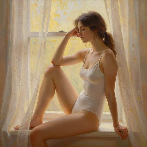 Photograph of a young woman with light skin, brown hair in a ponytail, wearing a white tank top and underwear, sitting on a sunlit