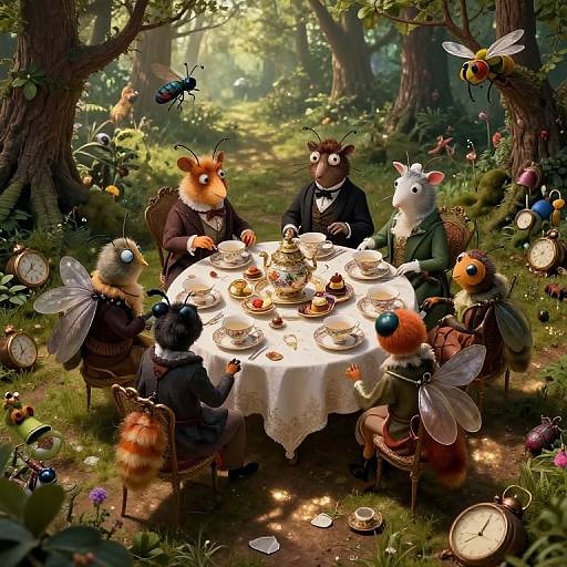 Whimsical forest tea party featuring anthropomorphic bees and a rabbit in formal attire, surrounded by clocks, insects, and dappled sunlight.