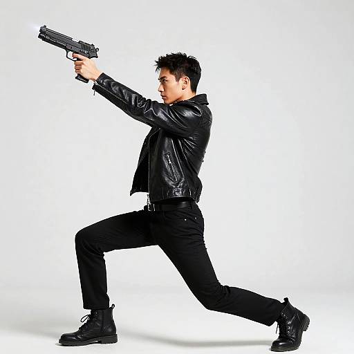 Man in Leather Jacket Holding Futuristic Gun