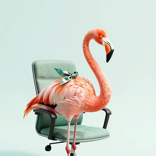 Photograph of a pink flamingo with a black beak, standing on one leg in a green office chair against a white background.