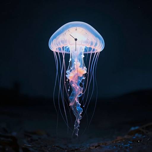 Photograph of a glowing, translucent blue jellyfish with pink accents and long, flowing tentacles, illuminated against a dark blue background.