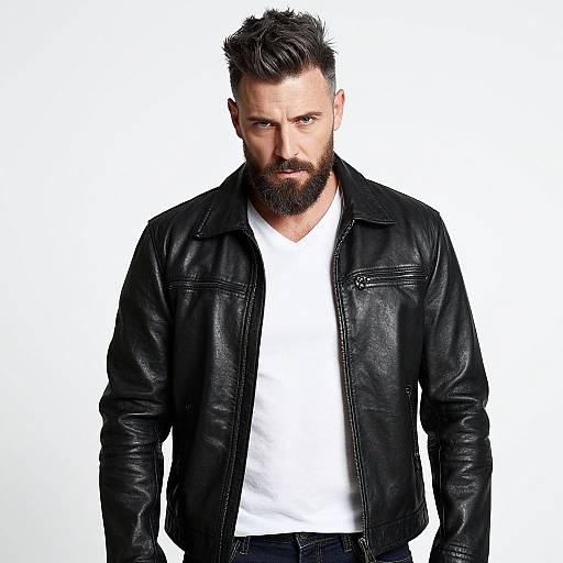 Photograph of a rugged, bearded man with dark hair, wearing a black leather jacket over a white shirt, against a white background. Intense
