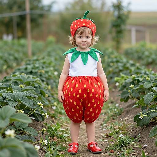Photograph of a smiling toddler in a strawberry-themed costume, standing in a strawberry field with rows of green plants.