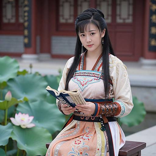 Photograph of a young Asian woman with long black hair, wearing an ornate, peach-colored traditional Korean dress, reading a book outdoors near large green