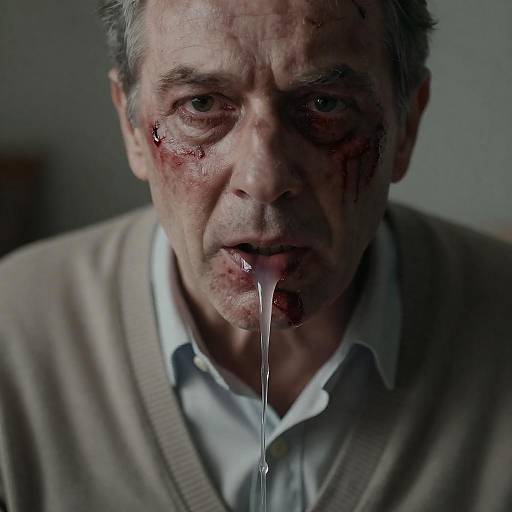 Injured older man with white liquid from mouth