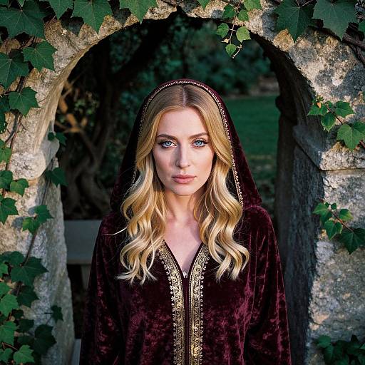 Photograph of a blonde woman with blue eyes, wearing a dark velvet hooded cloak, standing under a vine-covered stone archway.