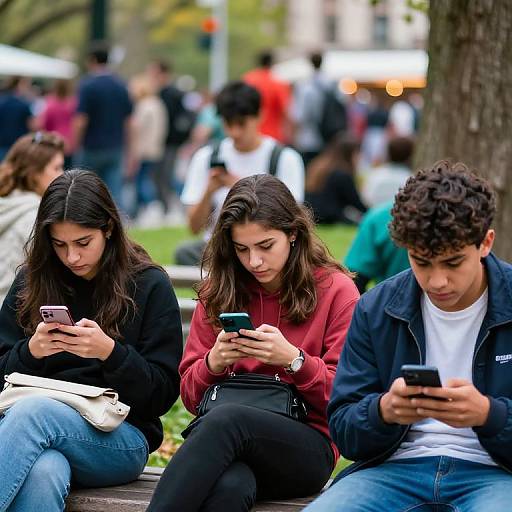 Photograph of three young people, two women and one man, sitting on a park bench, intensely focused on their smartphones. Blurred crowd in the
