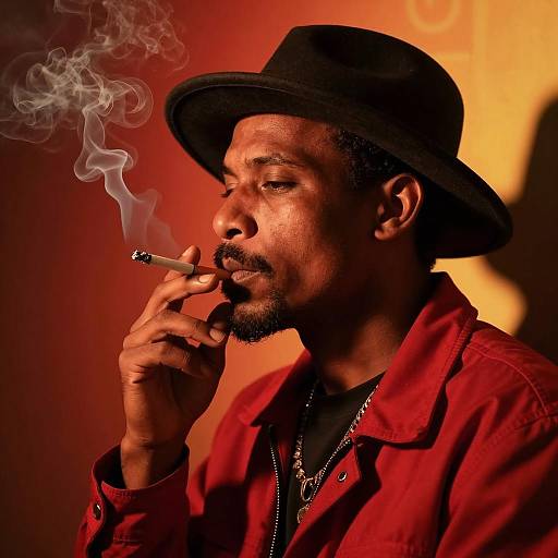 Man Smoking Cigarette with Black Hat and Red Jacket