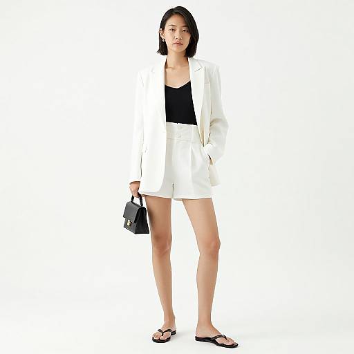 Photograph of a young Asian woman with short black hair, wearing a white blazer over a black dress, holding a black handbag, standing against