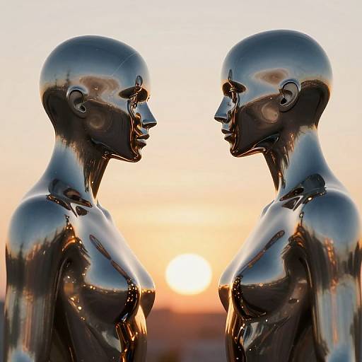 Cyberpunk 3D Metallic Figures at Sunset