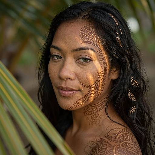 Photograph of an Asian woman with long black hair and intricate brown henna patterns on her face and shoulders, standing amidst green palm leaves. Soft sunlight