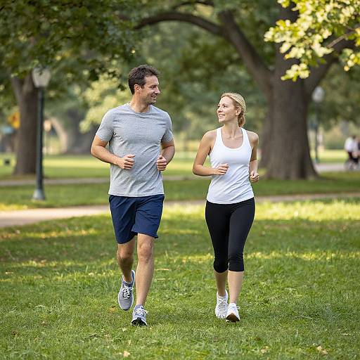 Photograph of a fit couple jogging in a sunlit park, wearing casual athletic attire: man in gray shirt and navy shorts, woman in white tank