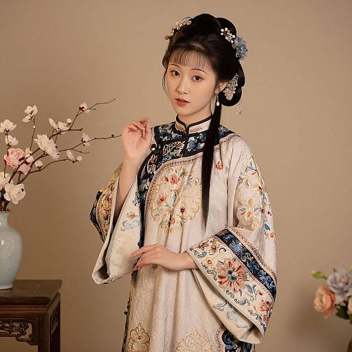 Photograph of an Asian woman in traditional floral embroidered kimono, black hair styled in an updo with floral accessories, standing in a softly lit room