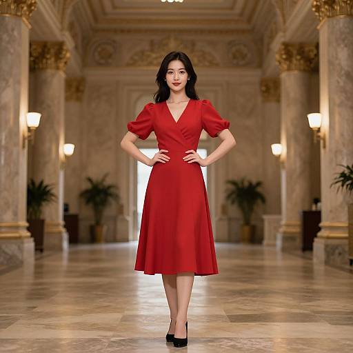 Photograph of an Asian woman with dark wavy hair, wearing a red V-neck dress and black heels, standing confidently in an ornate, op