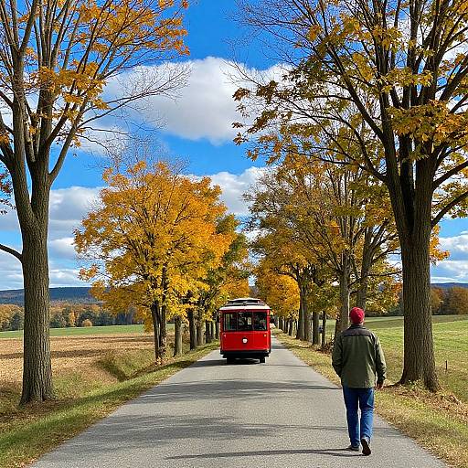Photograph of a red vintage train on a tree-lined autumn road, with a man in a green jacket and red hat walking away. Bright blue sky