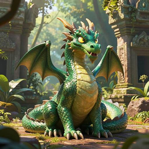CGI image of a vibrant green dragon with yellow underbelly, large wings, and red horns, sitting in a sunlit, ancient temple ruin