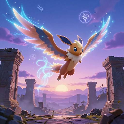 Digital art: Eevee with glowing blue wings soars over ancient ruins at sunset, surrounded by magical orbs and purple clouds. Vibrant colors,