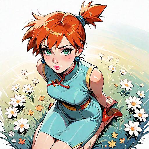 Anime Girl in Red Chinese Dress Kneeling in Flower Field