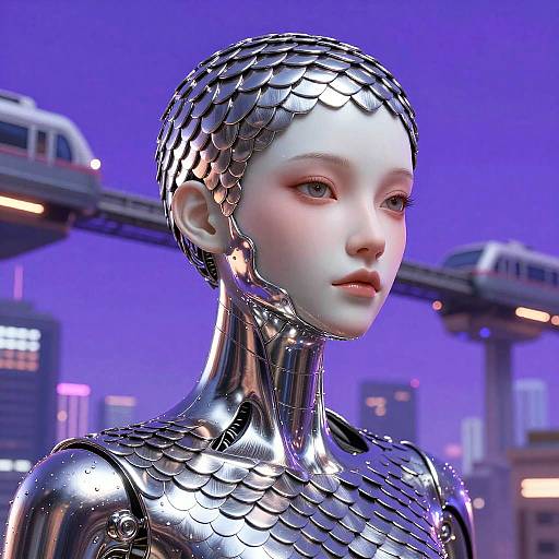 Cybernetic Philosopher in Neon Cityscape