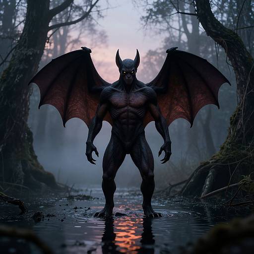 Digital artwork of a muscular, dark-skinned, demon with large red wings standing in a misty, moonlit forest creek.