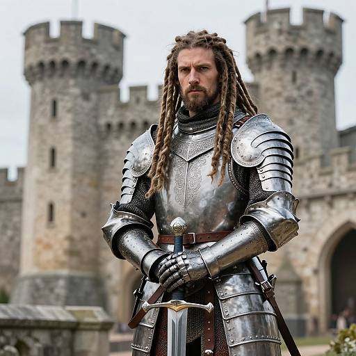 Photorealistic digital artwork of a bearded, dreadlocked knight in shining armor standing before a medieval stone castle with tall towers.