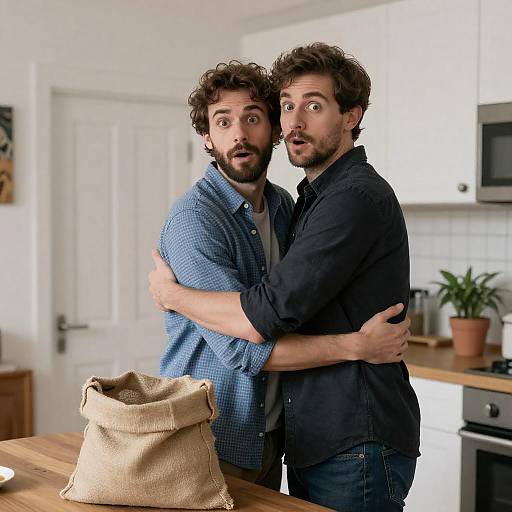 Surprised Embrace in a Cozy Kitchen