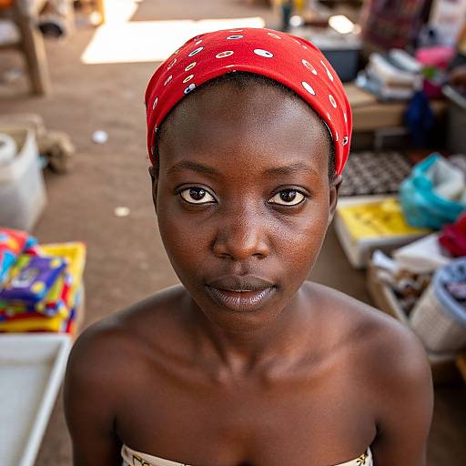 Photograph of a dark-skinned woman with a red bandana, bare shoulders, and intense gaze, standing in a busy, sunlit market.