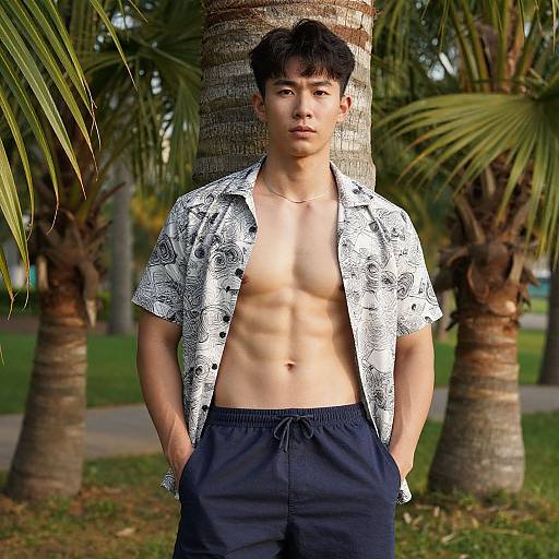 Photograph of a young Asian man with short black hair, wearing an open black and white patterned shirt and navy pants, standing against a palm tree