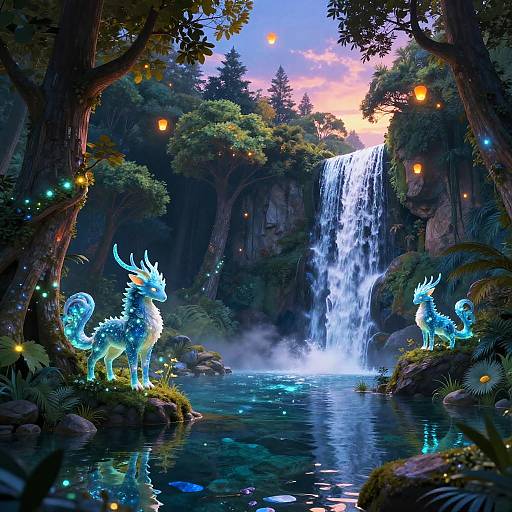 Magical Forest with Mystical Waterfall and Mythical Creatures