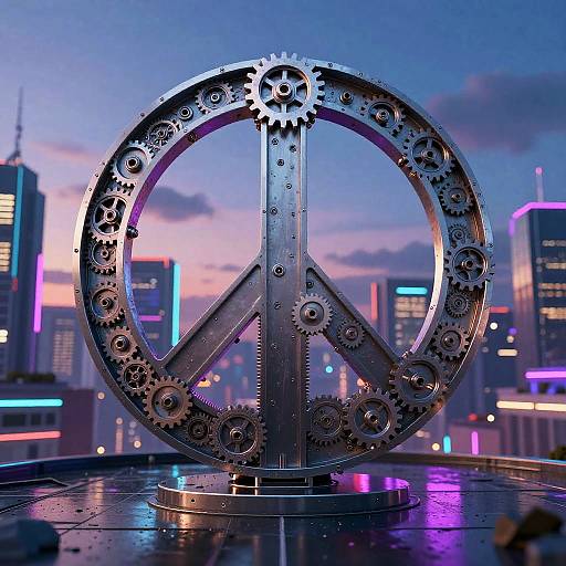 Photograph of a metallic peace sign sculpture with gears, set against a vibrant, neon-lit city skyline at dusk.