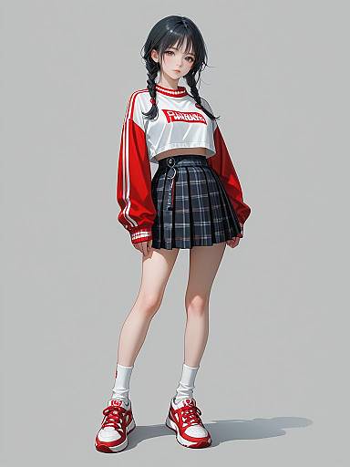 Anime-style digital drawing of a young woman with black hair in braids, wearing a red and white track jacket, plaid skirt, white socks,