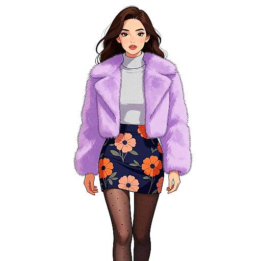 Chic Woman in Lilac Faux Fur Coat