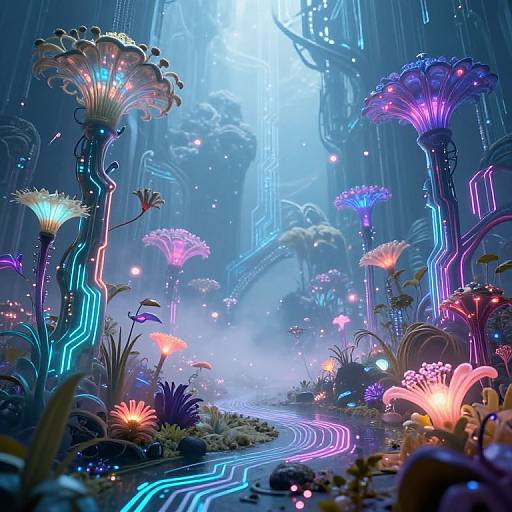Digital fantasy scene: Neon-lit, bioluminescent forest with glowing flowers, vibrant colors, and a futuristic, blue-lit path winding through