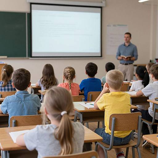 Photograph of a classroom: children with various back views, sitting at desks, facing a teacher standing at the front, holding a tablet, whiteboard