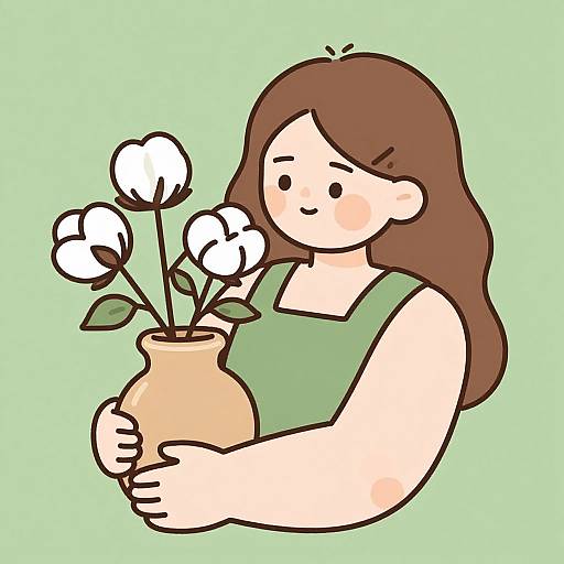 Digital cartoon of a smiling woman with long brown hair, green sleeveless top, holding a beige vase with three white cotton flowers against a light green background