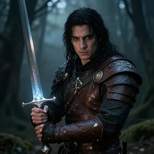 Photorealistic CGI of a brooding, long-haired warrior with intense eyes, holding a glowing sword in a dark, misty forest. Wearing