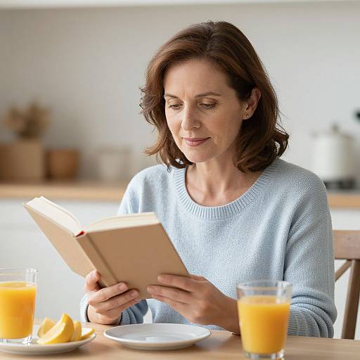 Mature Woman Enjoying Breakfast and Reading