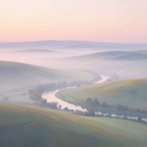 Photograph of a misty, sunlit landscape with a winding river cutting through rolling green hills, partially obscured by morning fog.