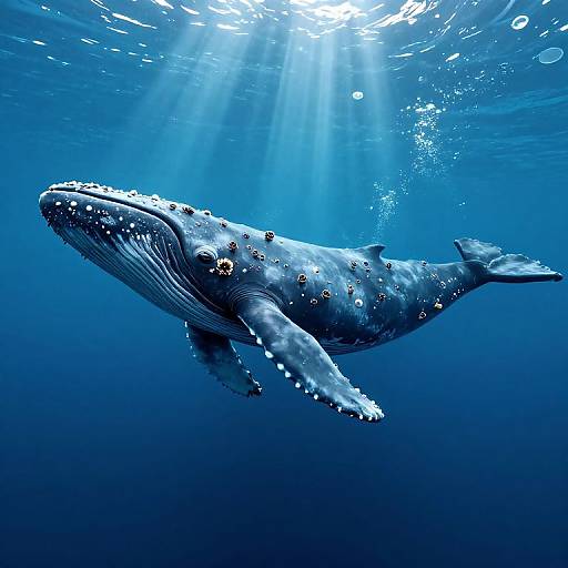 Photograph of a massive blue whale swimming underwater, sunlight filtering from above, with bubbles and small fish on its body.