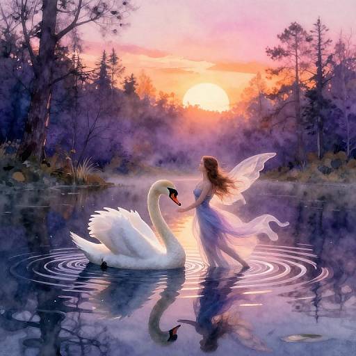 Digital painting: Fairy with flowing pink dress and transparent wings gently touches a white swan's beak at sunset in a serene, reflective forest pond.