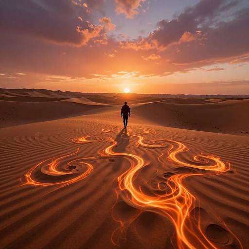 Photograph: Silhouetted figure walks through glowing, orange sand ripples in a vast desert at sunset, with a vibrant, cloud-streak