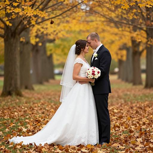 Photograph of a bride in a white lace gown and veil, holding a bouquet, kissing a groom in a black suit, standing in a forest with
