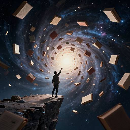 Silhouetted figure on rocky cliff extends arm toward swirling vortex of floating books against a starry, cosmic background. Digital art.