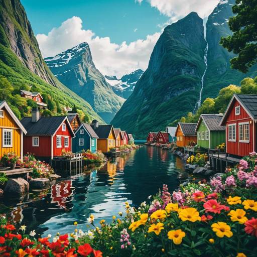 Colorful Nordic Fjord Village with Flowers