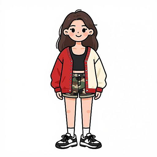 Digital illustration of a smiling young woman with brown hair, wearing a red and cream jacket, black tank top, camo shorts, white socks, and
