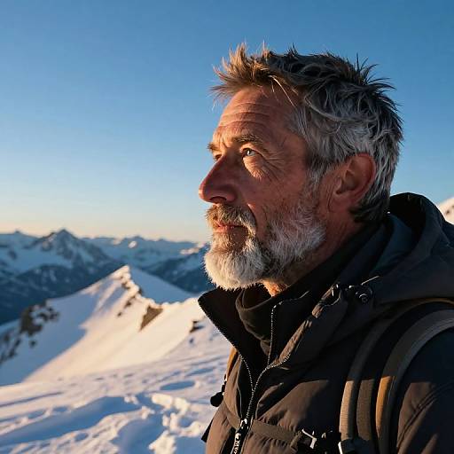 Photograph of an older white man with gray beard and hair, wearing a black jacket, gazing at snow-capped mountains under a clear blue sky
