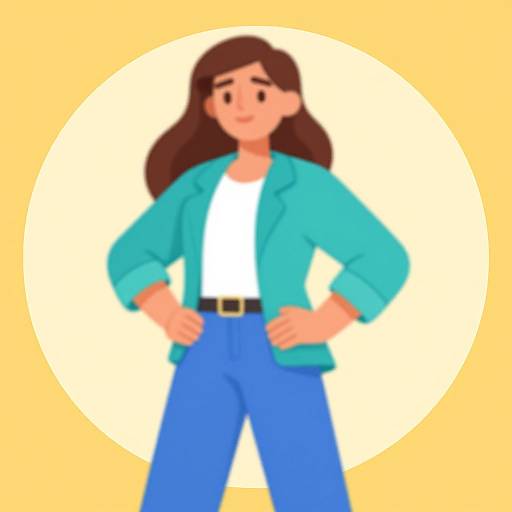 Digital cartoon of a confident woman with brown hair, wearing a turquoise jacket, white shirt, and blue pants, standing with hands on hips against a yellow
