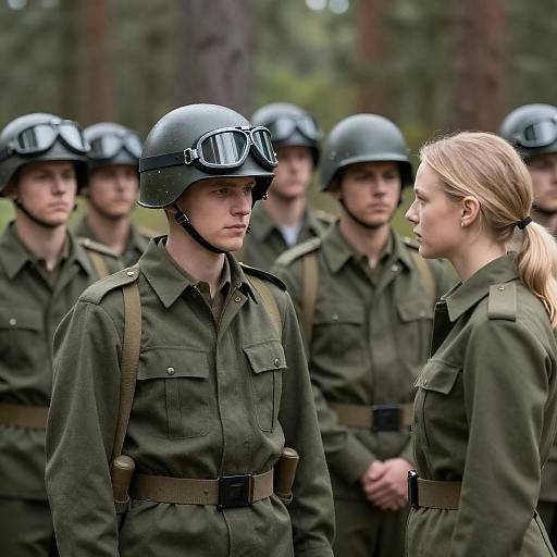 Soldiers in Forest with Distinctive Helmet
