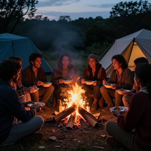 Joyful Immigrants Sharing Campfire Meal
